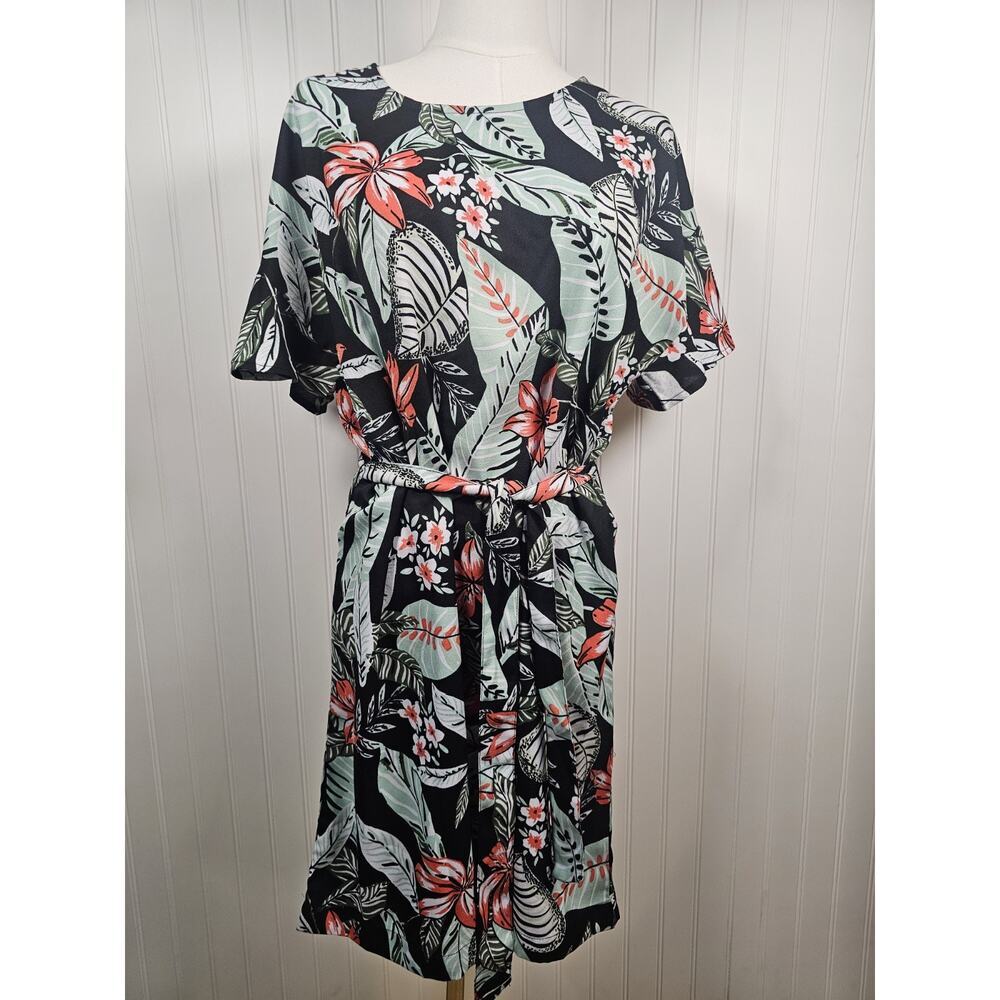 DEX Tropical Hawaiian Floral Dress Women's Size M Travel Resort Belted